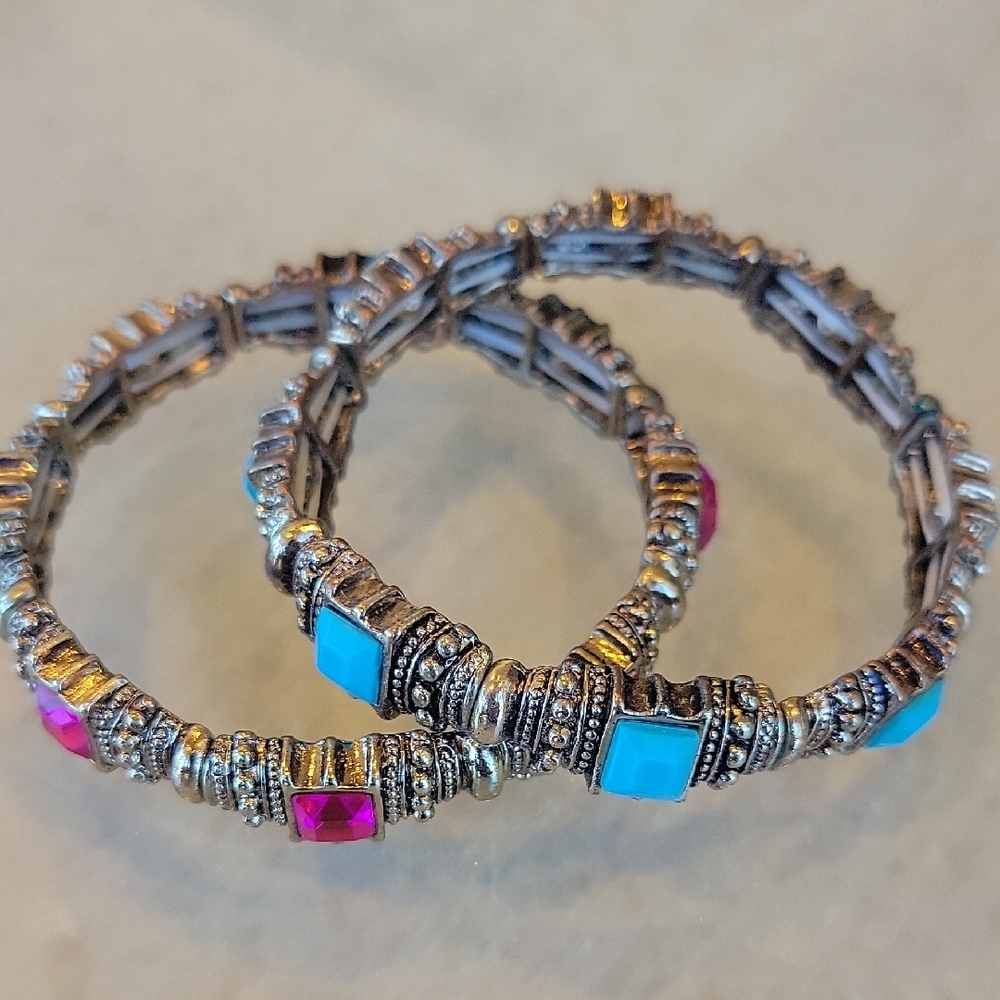 Pink and Blue Beaded Metal Bracelets